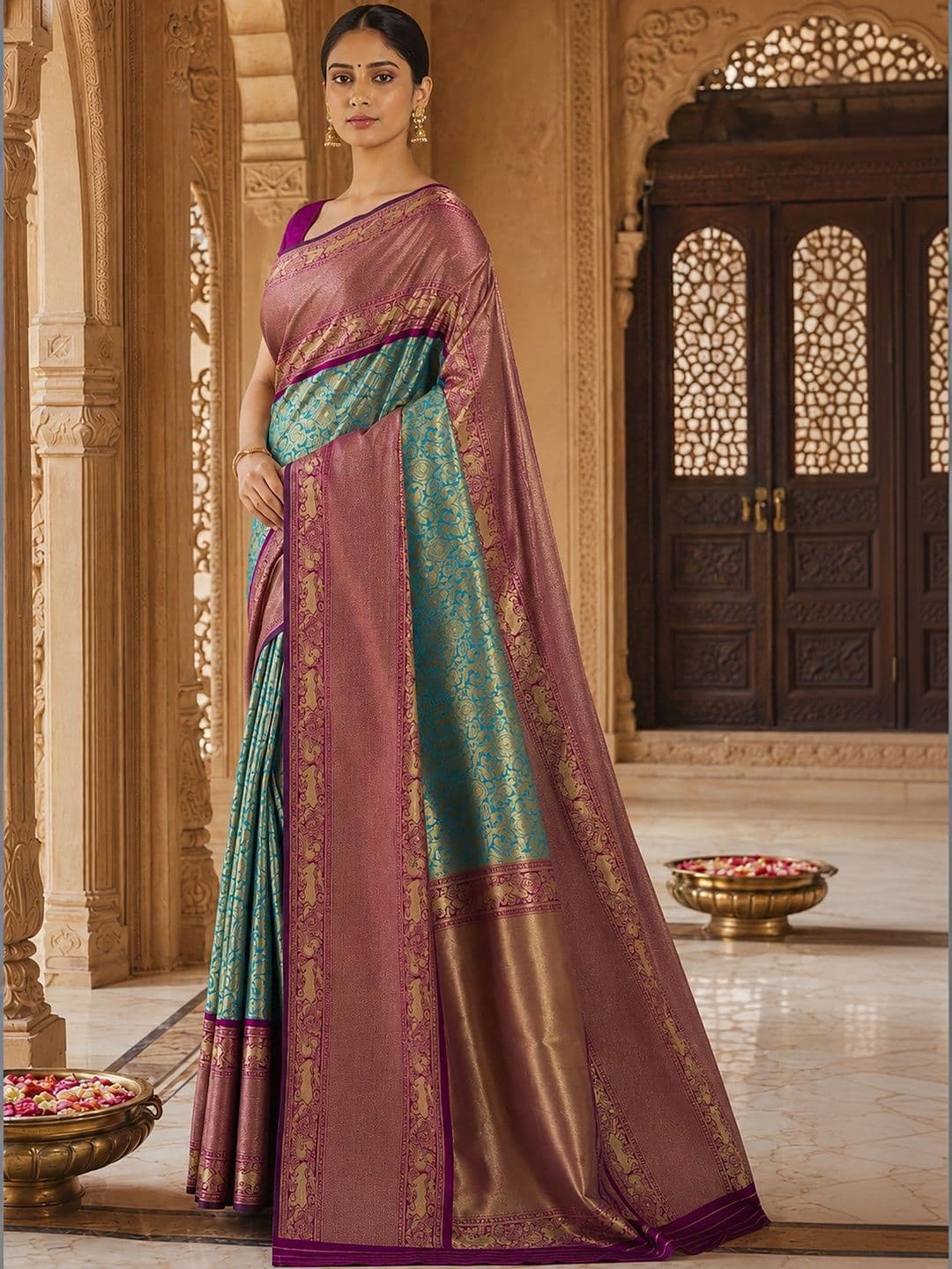 Anjaneya Sarees Woven Design Zari Silk Blend Designer Banarasi Saree thumbnail 2