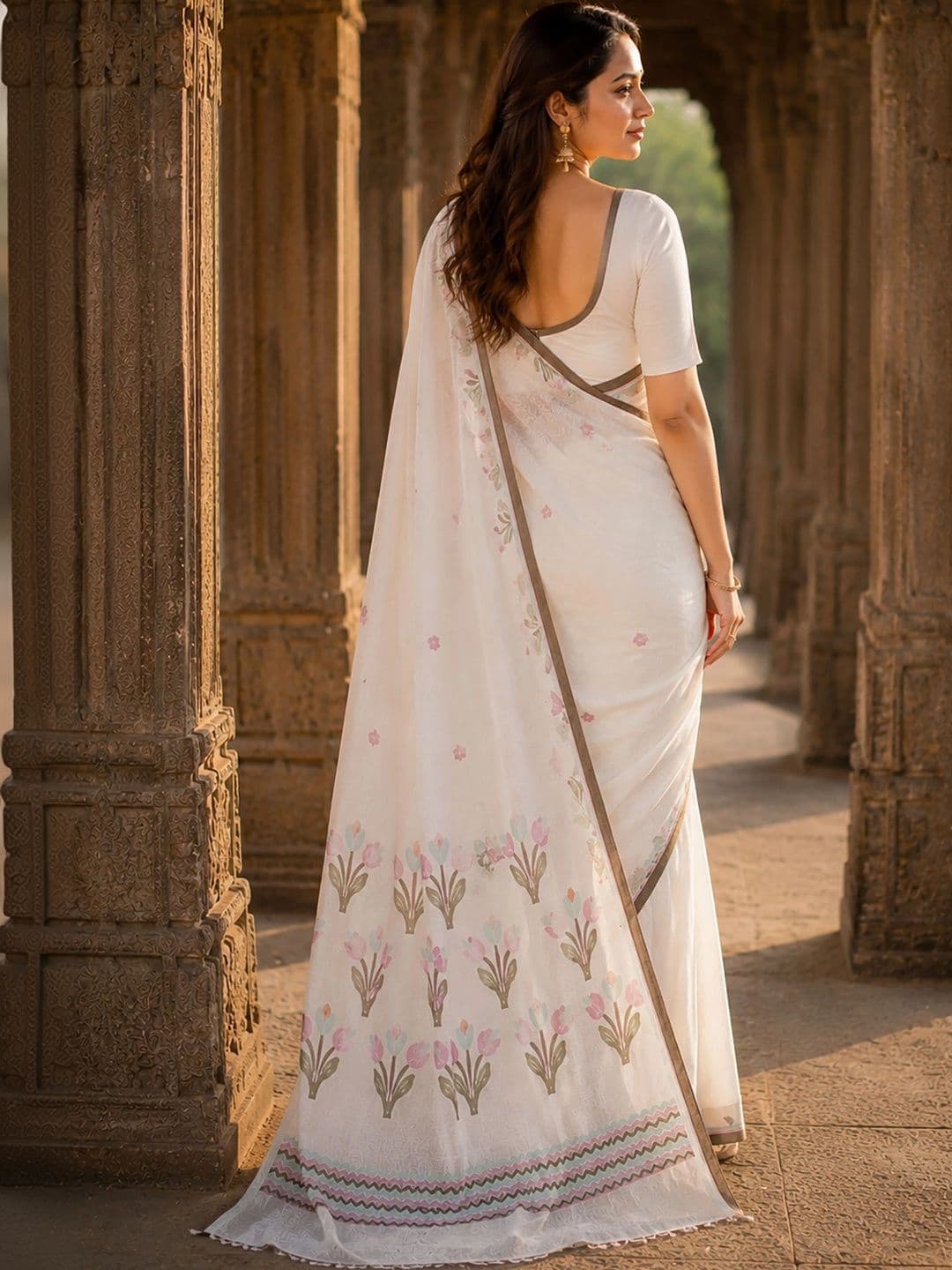 KALINI Floral Linen Blend Designer Block Print Saree thumbnail 6