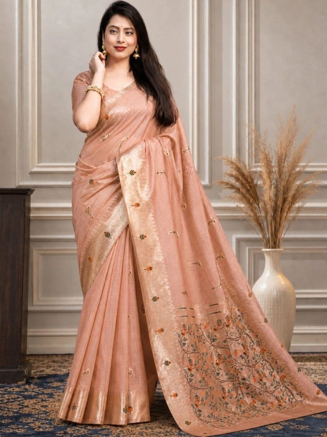Anouk Floral Zari Pure Cotton Chanderi Saree thumbnail 2