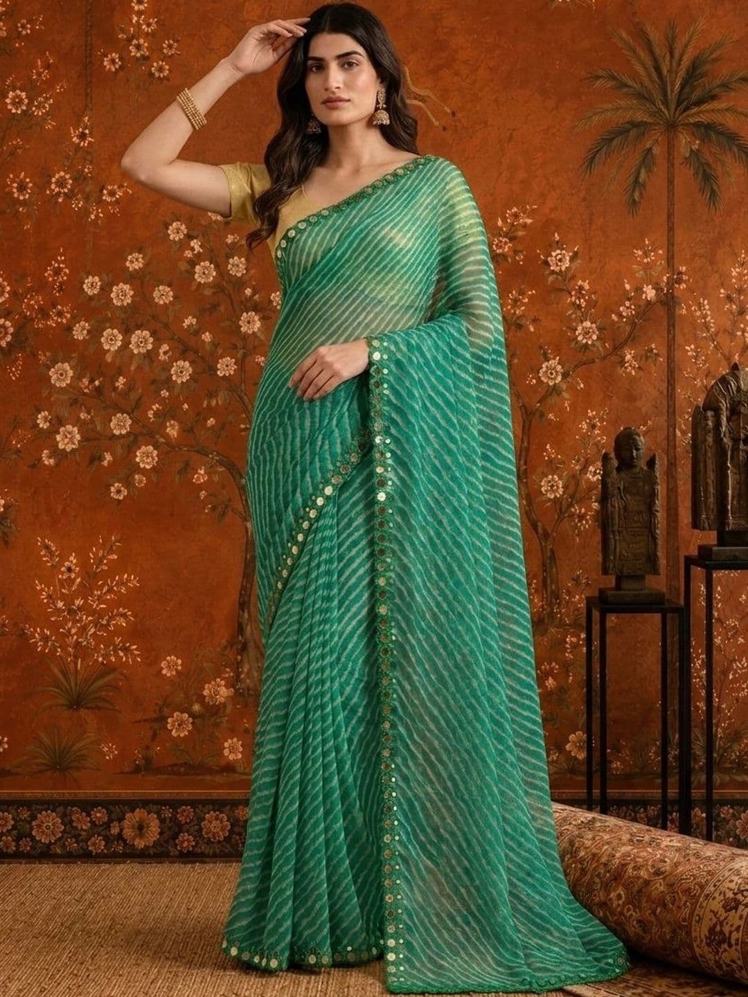 Sangria Leheriya Mirror Work Poly Chiffon Saree thumbnail 3