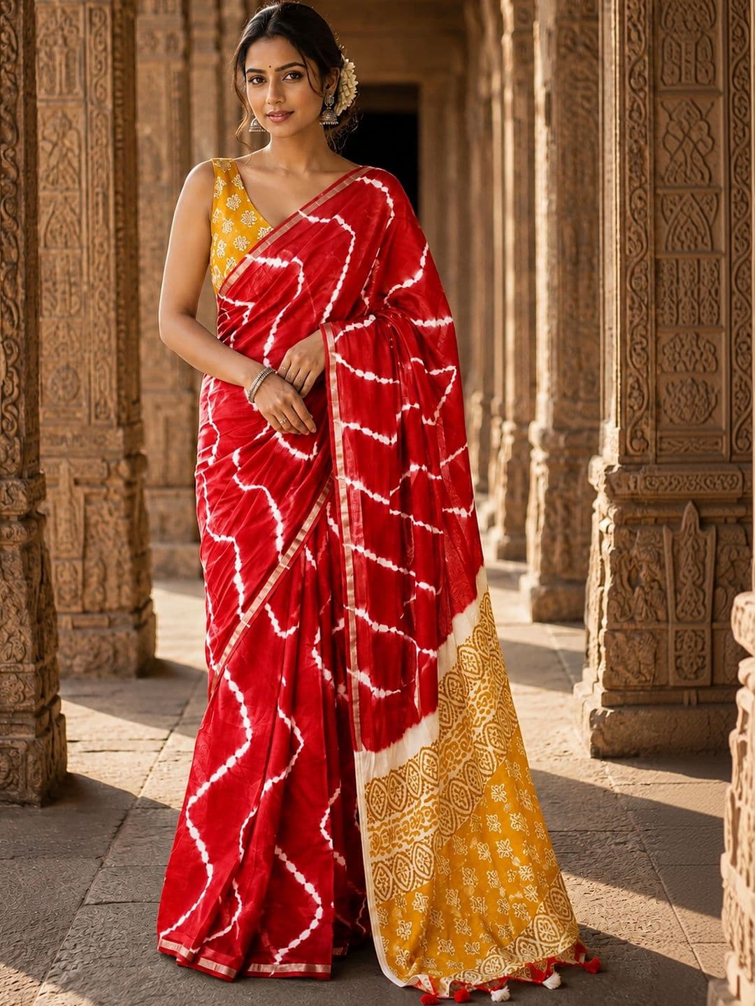 KALINI Tie and Dye Linen Blend Designer Block Print Saree thumbnail 5