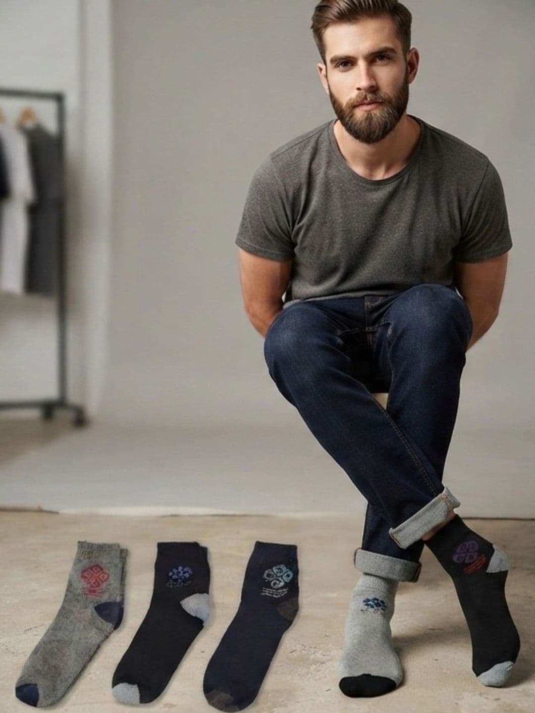TINY HANDS Men Pack of 5 Cotton Assorted Patterned Above Ankle Socks thumbnail 6