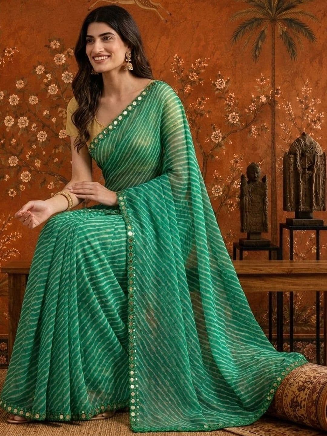Sangria Leheriya Mirror Work Poly Chiffon Saree thumbnail 4