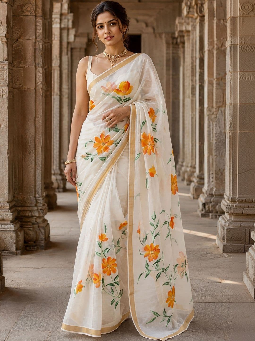 Mitera Floral Linen Blend Designer Block Print Saree - view 1