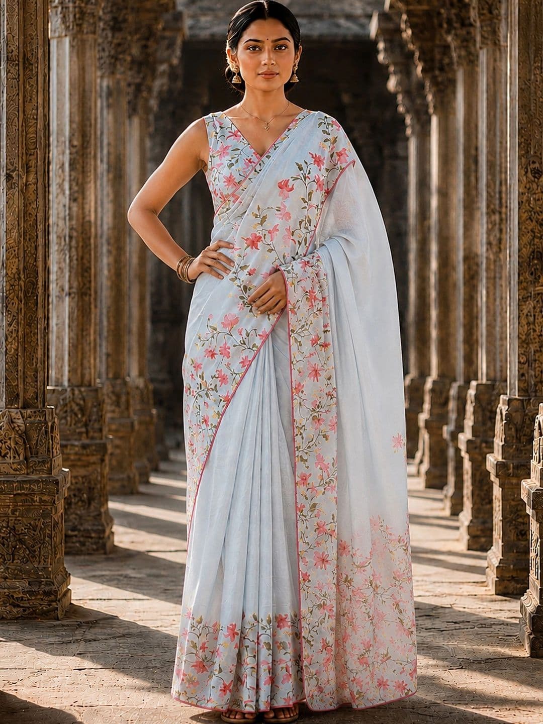 Aldwych Floral Linen Blend Designer Block Print Saree thumbnail 2
