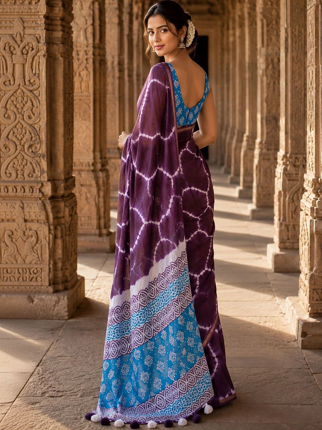 KALINI Tie and Dye Linen Blend Designer Block Print Saree thumbnail 3