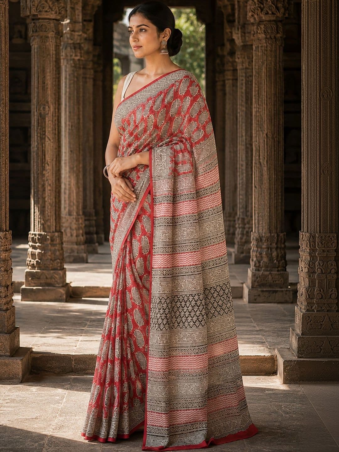 KALINI Linen Blend Designer Block Print Saree thumbnail 4