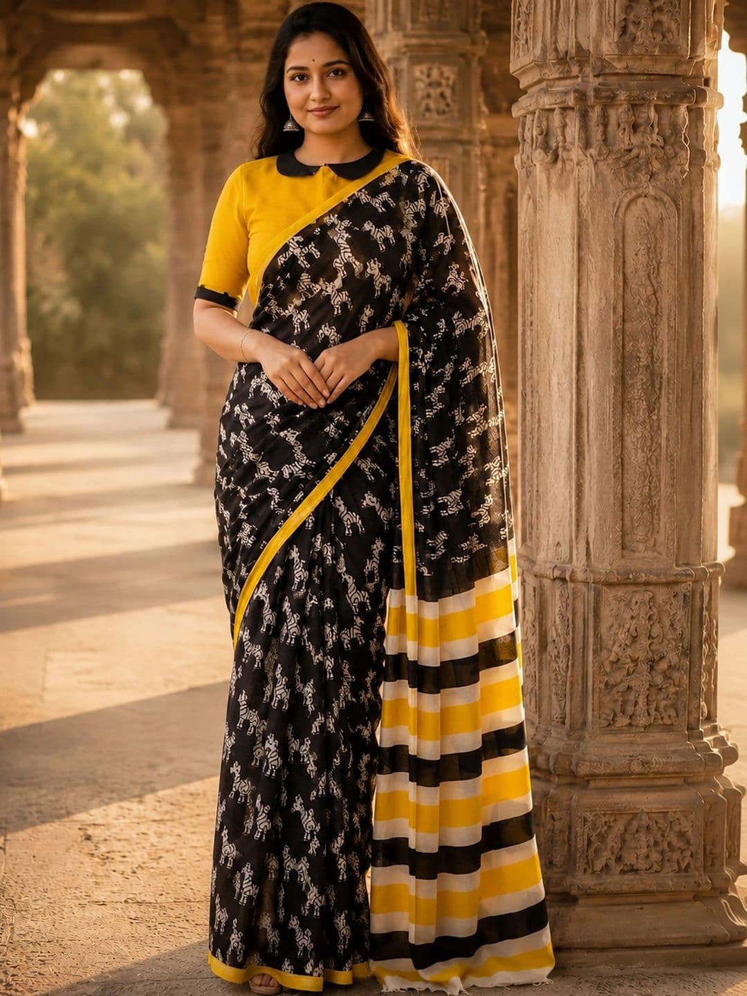 KALINI Linen Blend Designer Block Print Saree - view 1