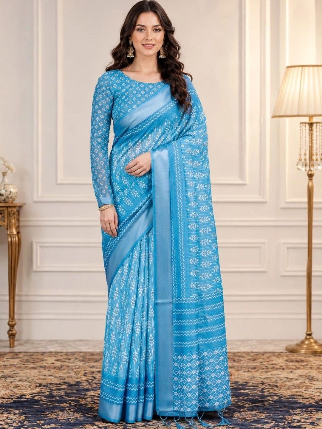 V3 FASHION STUDIO Ethnic Motifs Zari Linen Blend Block Print Saree - view 1