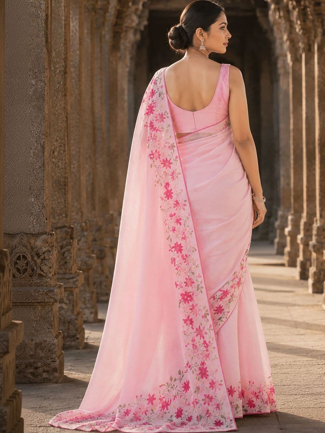 Aldwych Floral Embroidered Linen Blend Designer Block Print Saree thumbnail 5