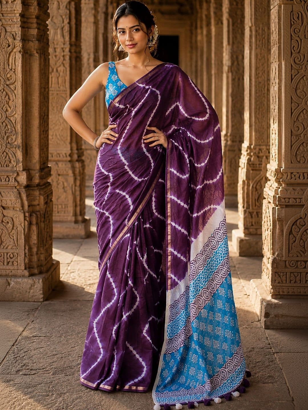 KALINI Tie and Dye Linen Blend Designer Block Print Saree - view 1