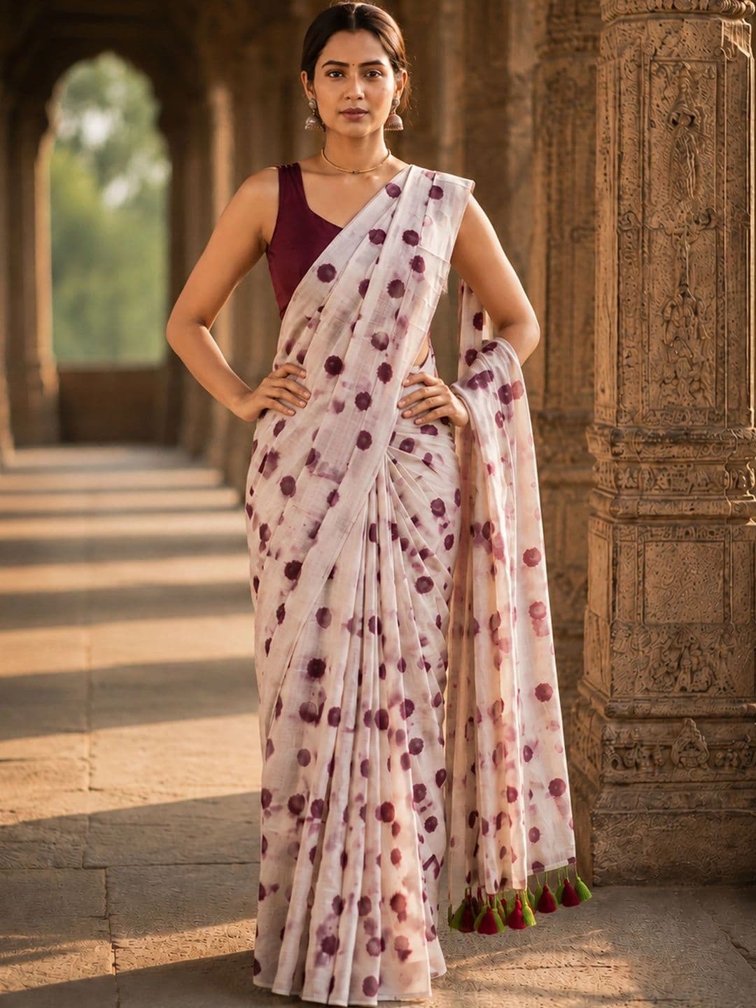 KALINI Polka Dot Linen Blend Designer Block Print Saree thumbnail 2