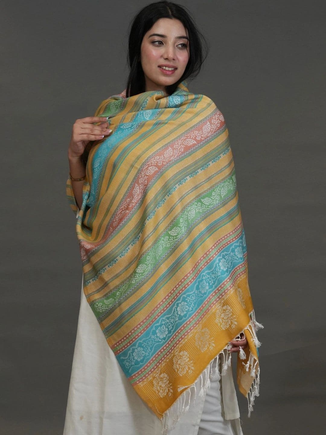 SHIFNEEN Women Striped Woven Design Acrylic Shawl thumbnail 5
