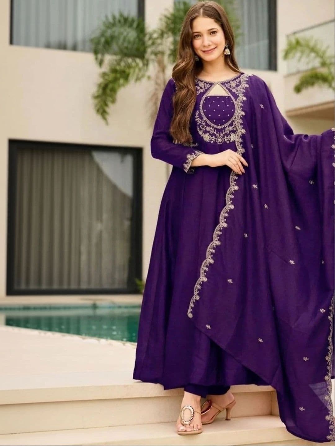 ROYALICA Women Ethnic Motifs Embroidered Empire Thread Work Silk Chiffon Kurta with Trousers & With Dupatta - view 1