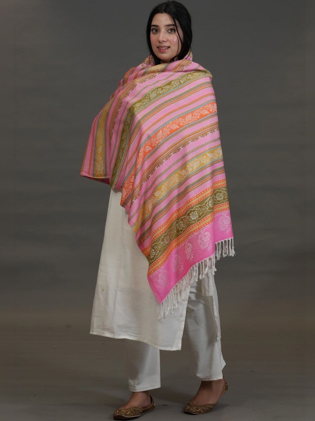SHIFNEEN Women Striped Printed Acrylic Shawl thumbnail 3
