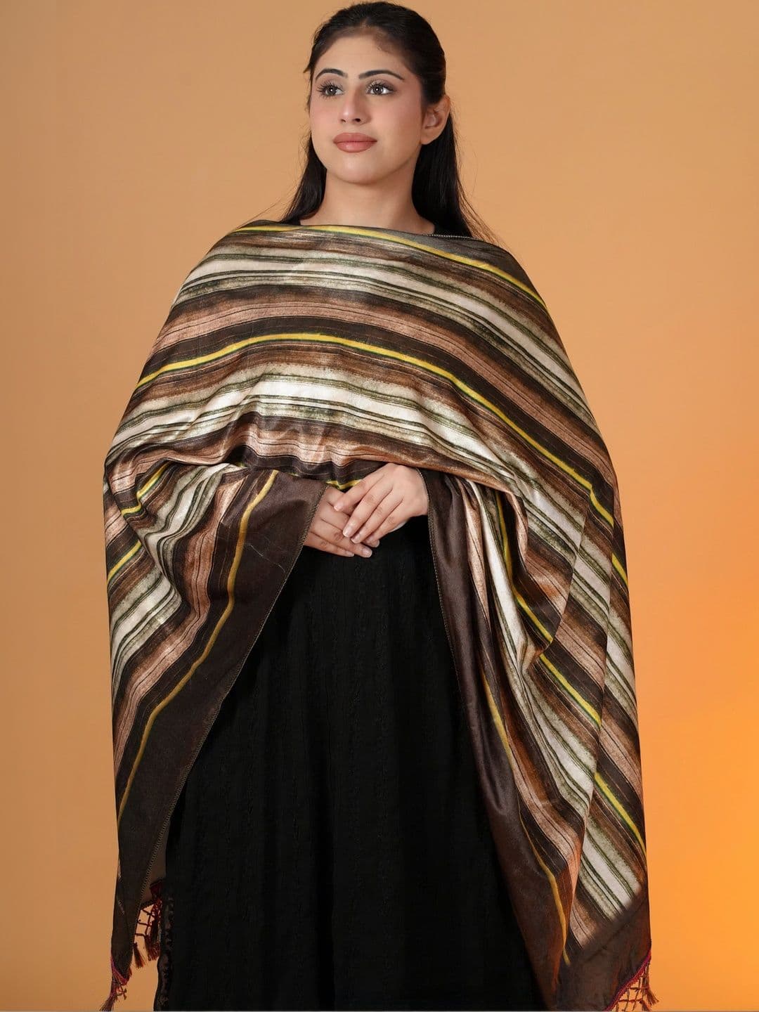 SHIFNEEN Women Striped Printed Velvet Shawl thumbnail 4