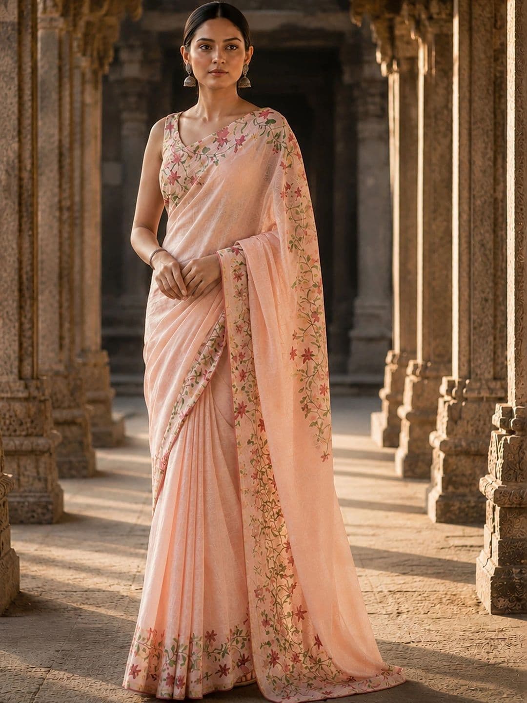 Aldwych Embroidered Linen Blend Designer Block Print Saree thumbnail 3