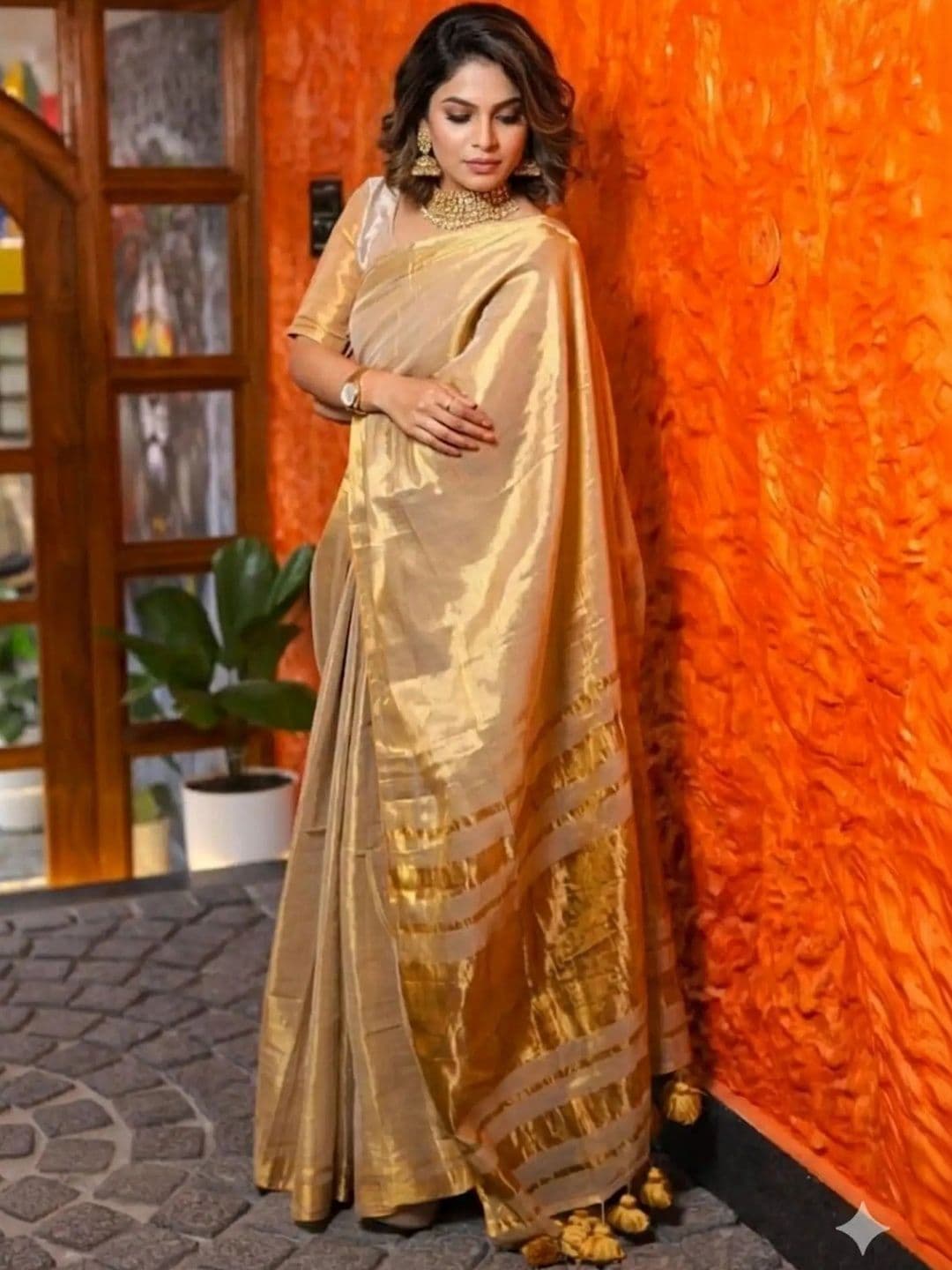 srinjan fashion Striped Zari Tissue Handloom Tussar Saree thumbnail 4