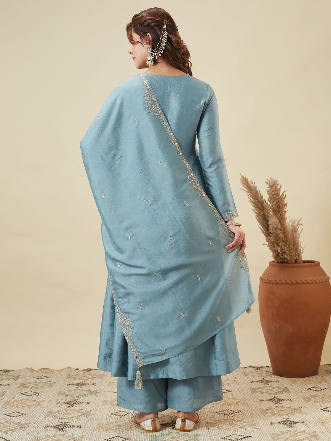 Colors  of Earth Colors of Earth Silk Embroidered Anarkali Kurta And Palazzo Set With Dupatta thumbnail 4