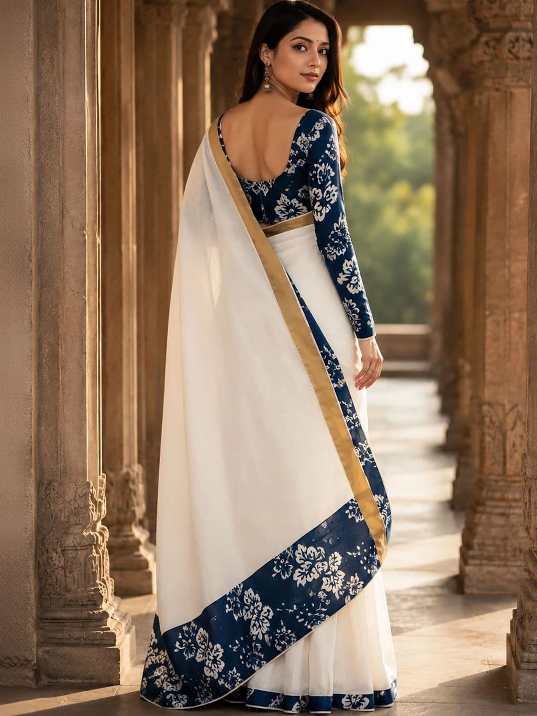 KALINI Floral Linen Blend Designer Block Print Saree thumbnail 5