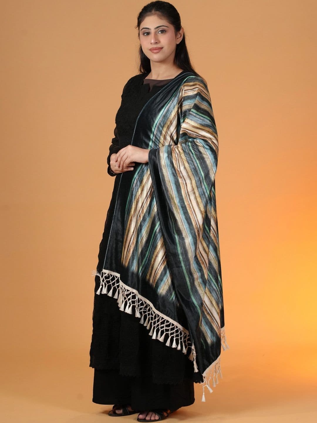 SHIFNEEN Women Striped Printed Velvet Shawl thumbnail 4