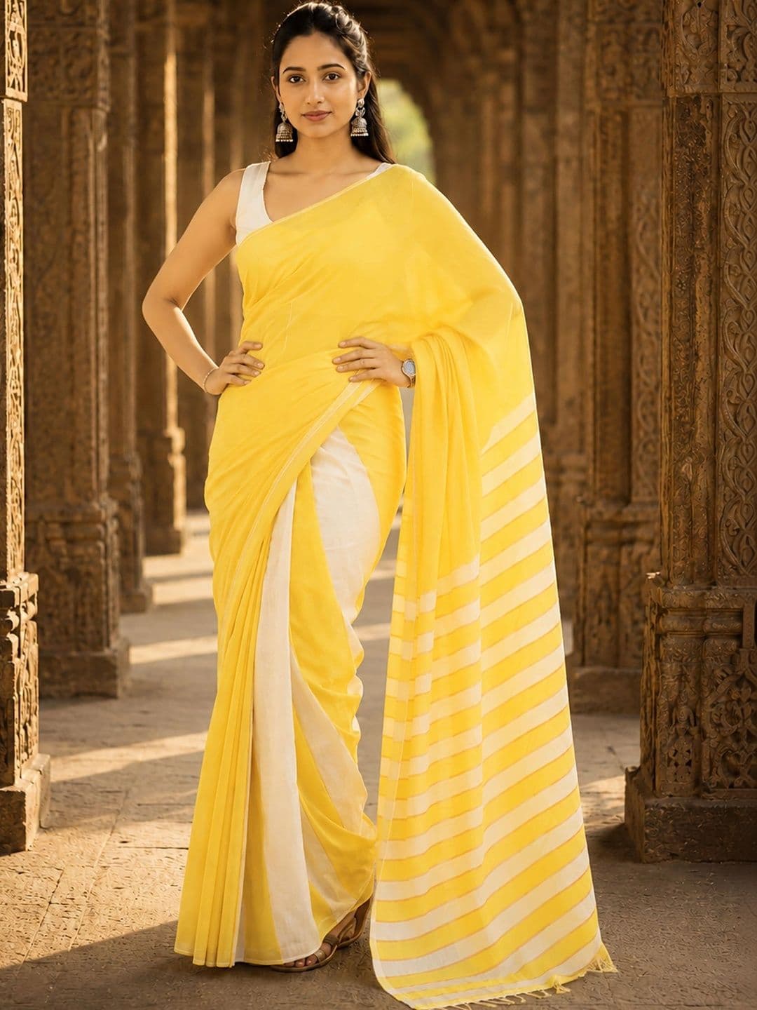 KALINI Striped Linen Blend Designer Block Print Saree thumbnail 3