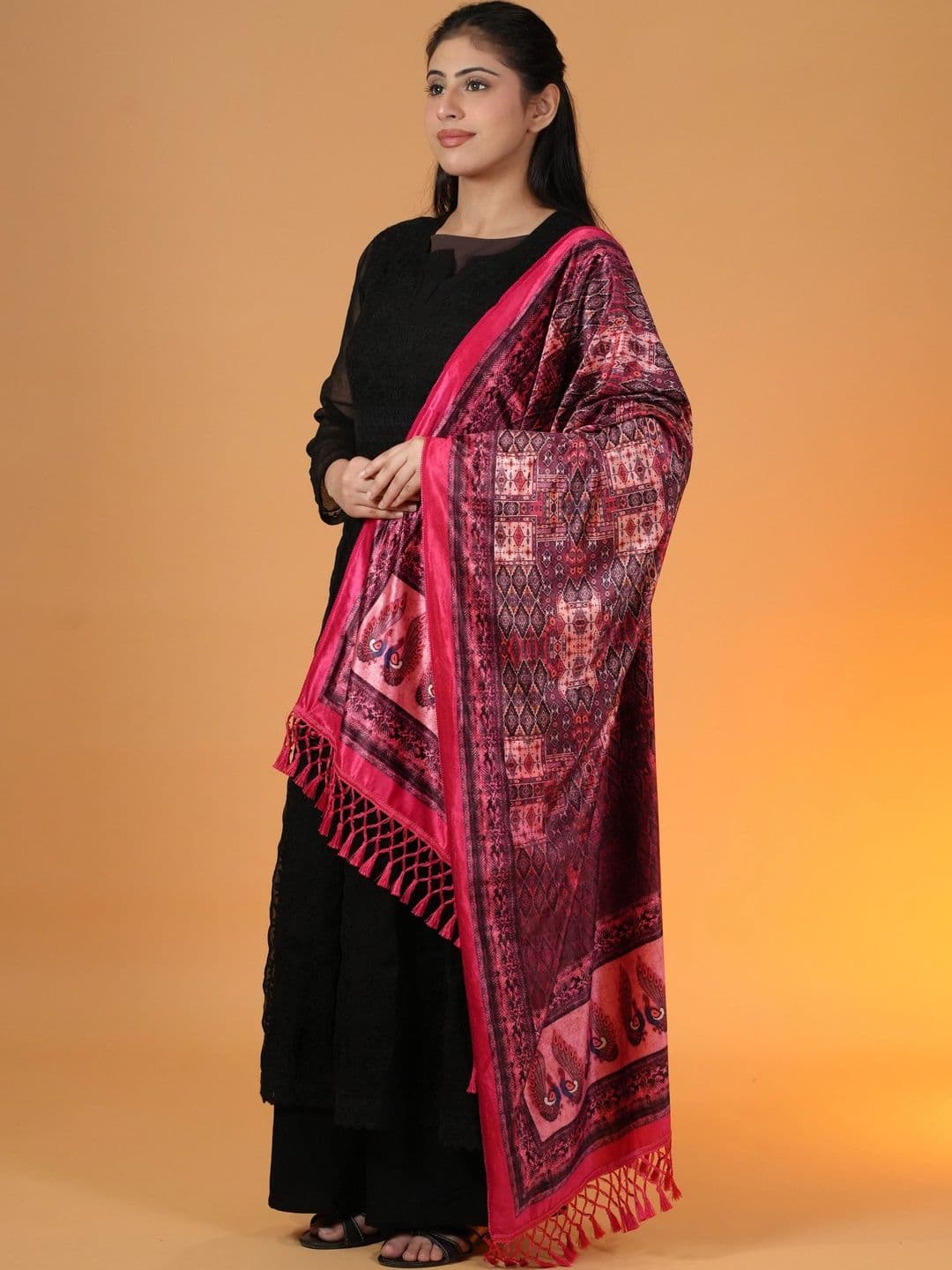 SHIFNEEN Women Ethnic Motifs Printed Velvet Shawl thumbnail 4