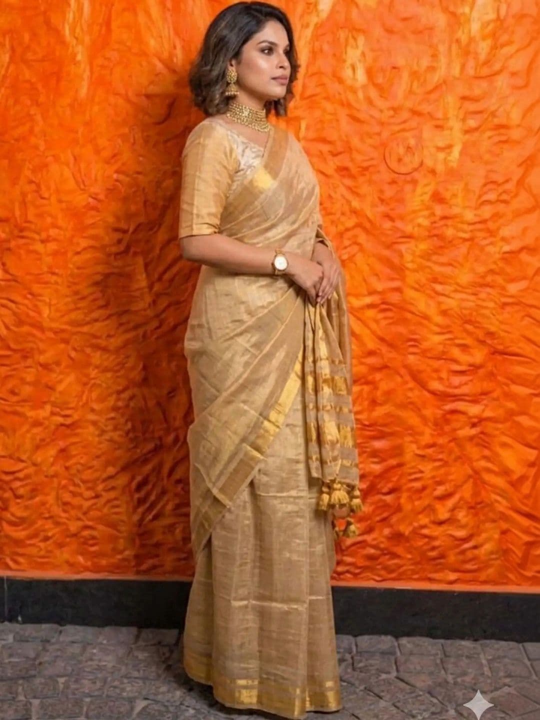 srinjan fashion Striped Zari Tissue Handloom Tussar Saree thumbnail 5