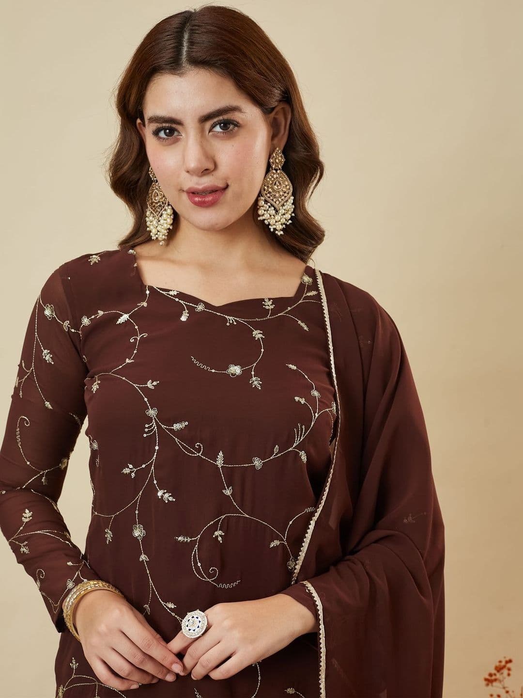 MOKOSH Women Ethnic Motifs Embroidered Regular Thread Work Kurta with Palazzos & With Dupatta thumbnail 5