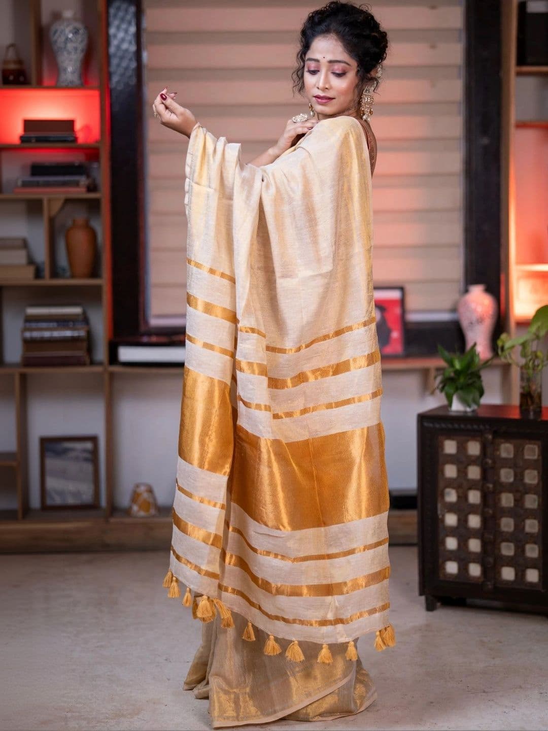 srinjan fashion Striped Zari Tissue Tussar Saree - view 1