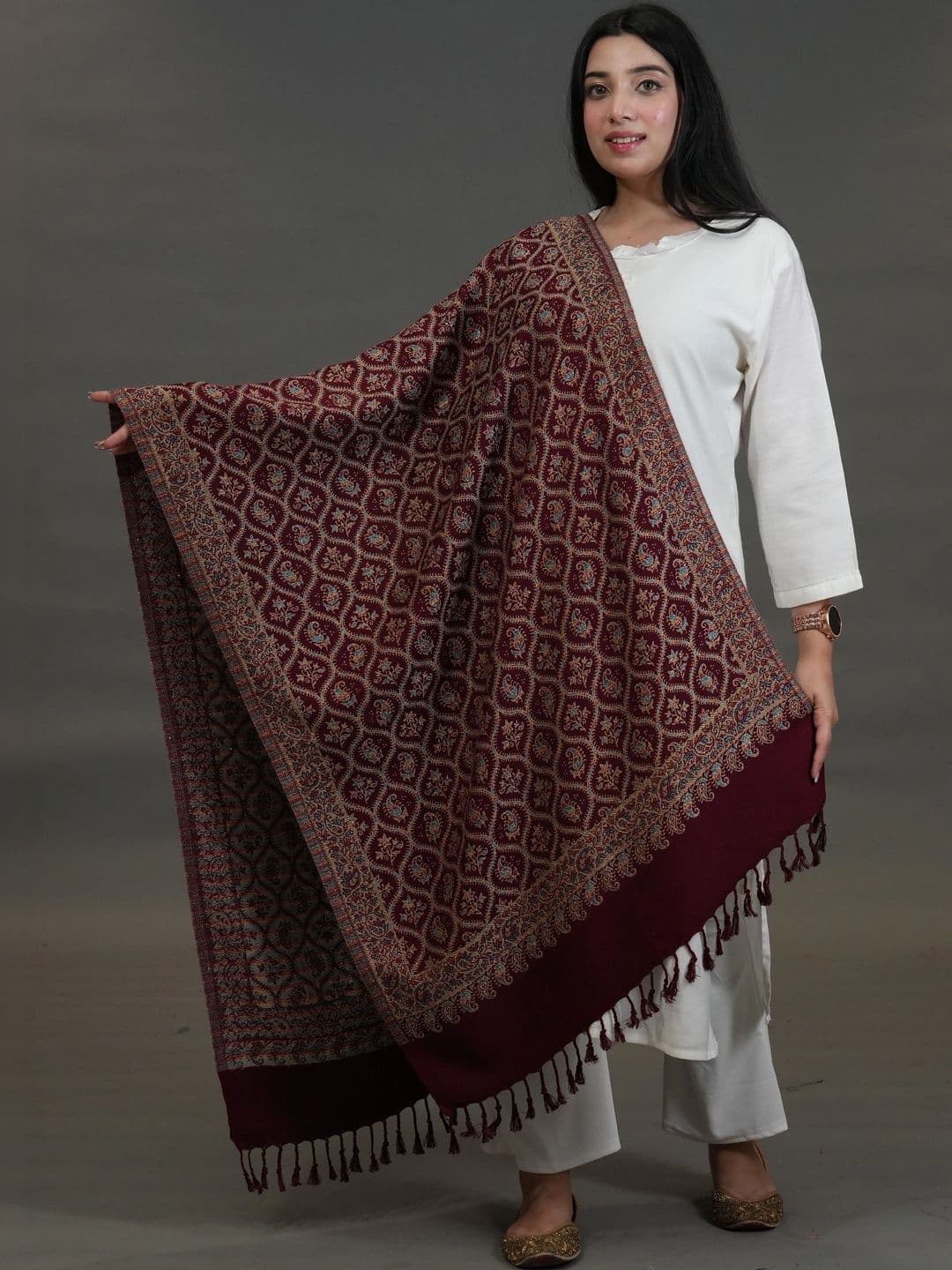 SHIFNEEN Women Ethnic Motifs Embroidered Acrylic Shawl thumbnail 5