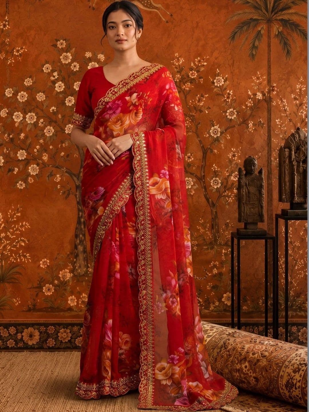 Sangria Floral Embroidered Poly Georgette Saree thumbnail 6