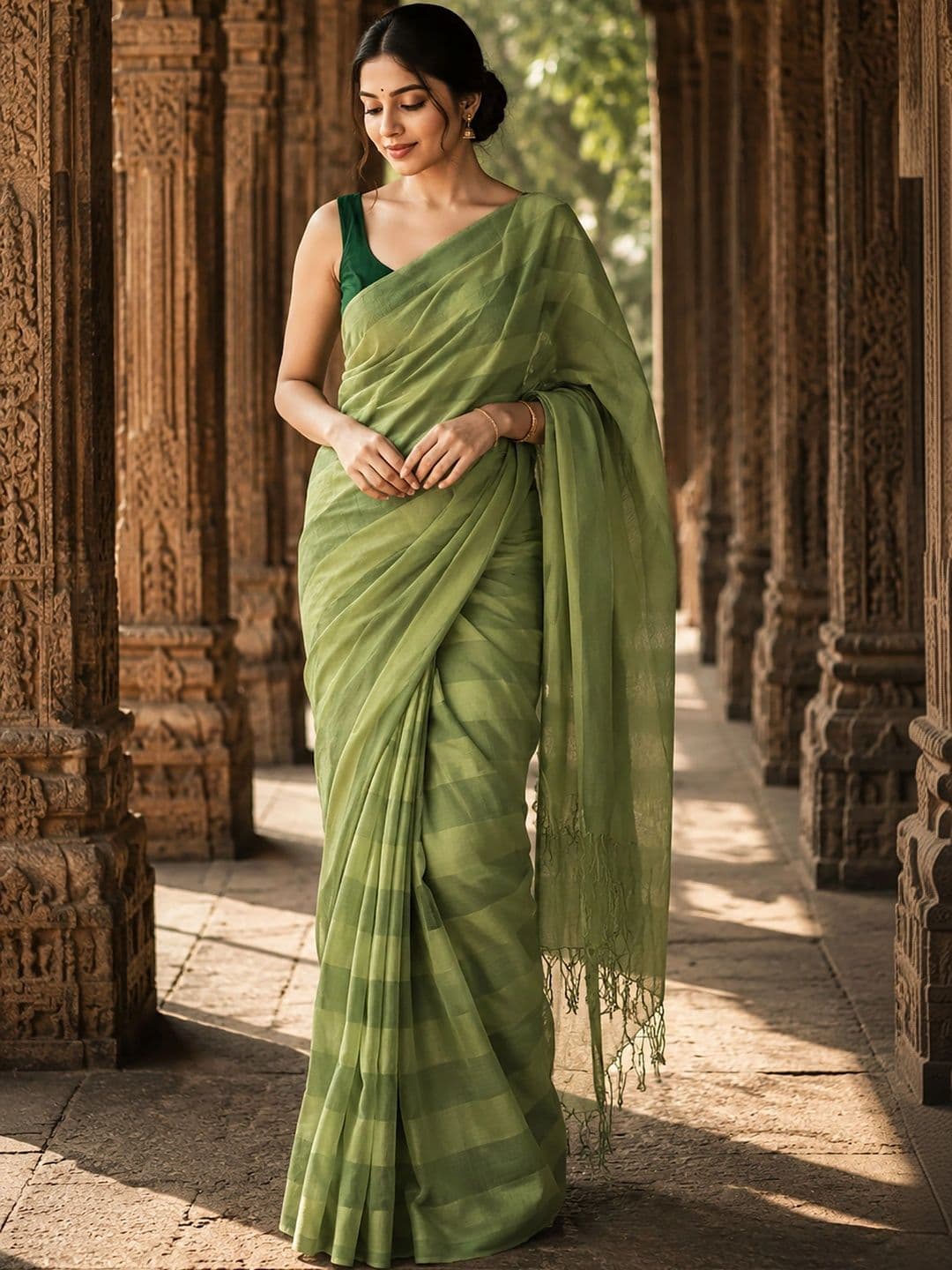 KALINI Striped Linen Blend Designer Block Print Saree thumbnail 4