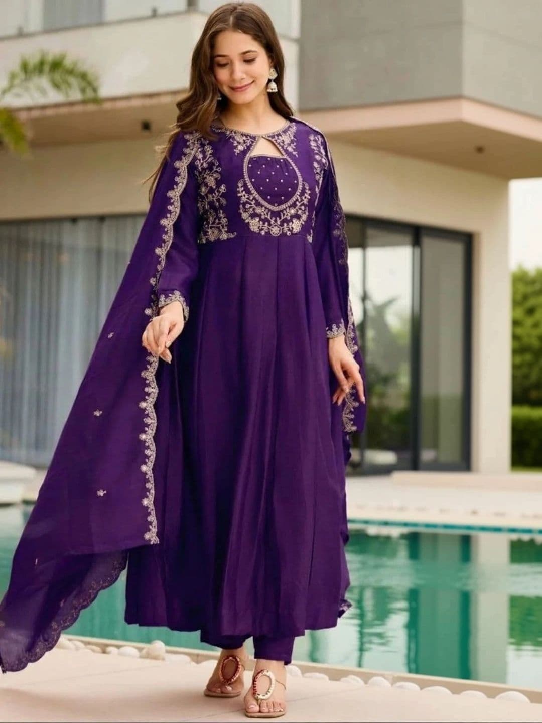 ROYALICA Women Ethnic Motifs Embroidered Empire Thread Work Silk Chiffon Kurta with Trousers & With Dupatta thumbnail 6
