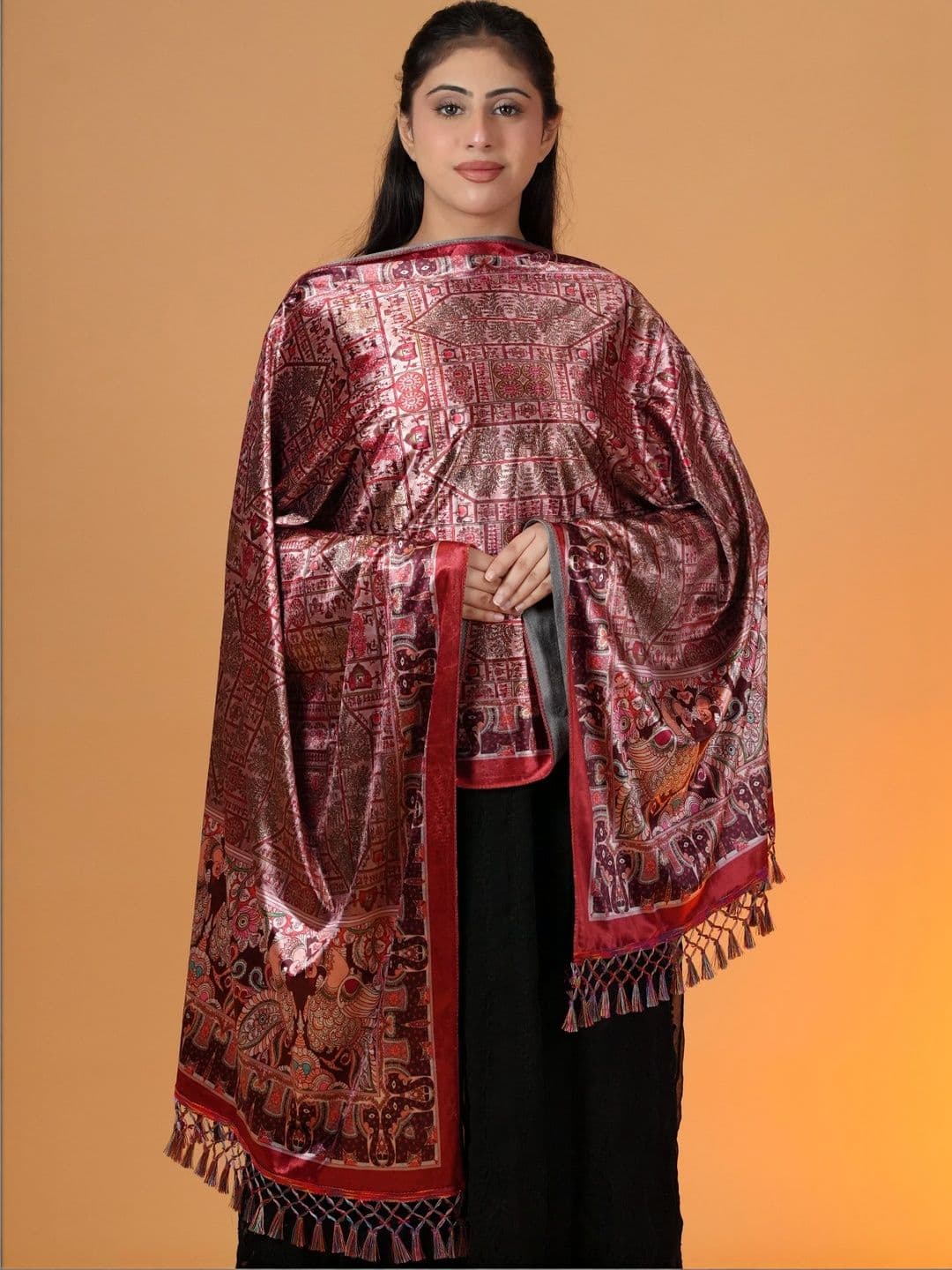 SHIFNEEN Women Ethnic Motifs Printed Velvet Shawl thumbnail 4