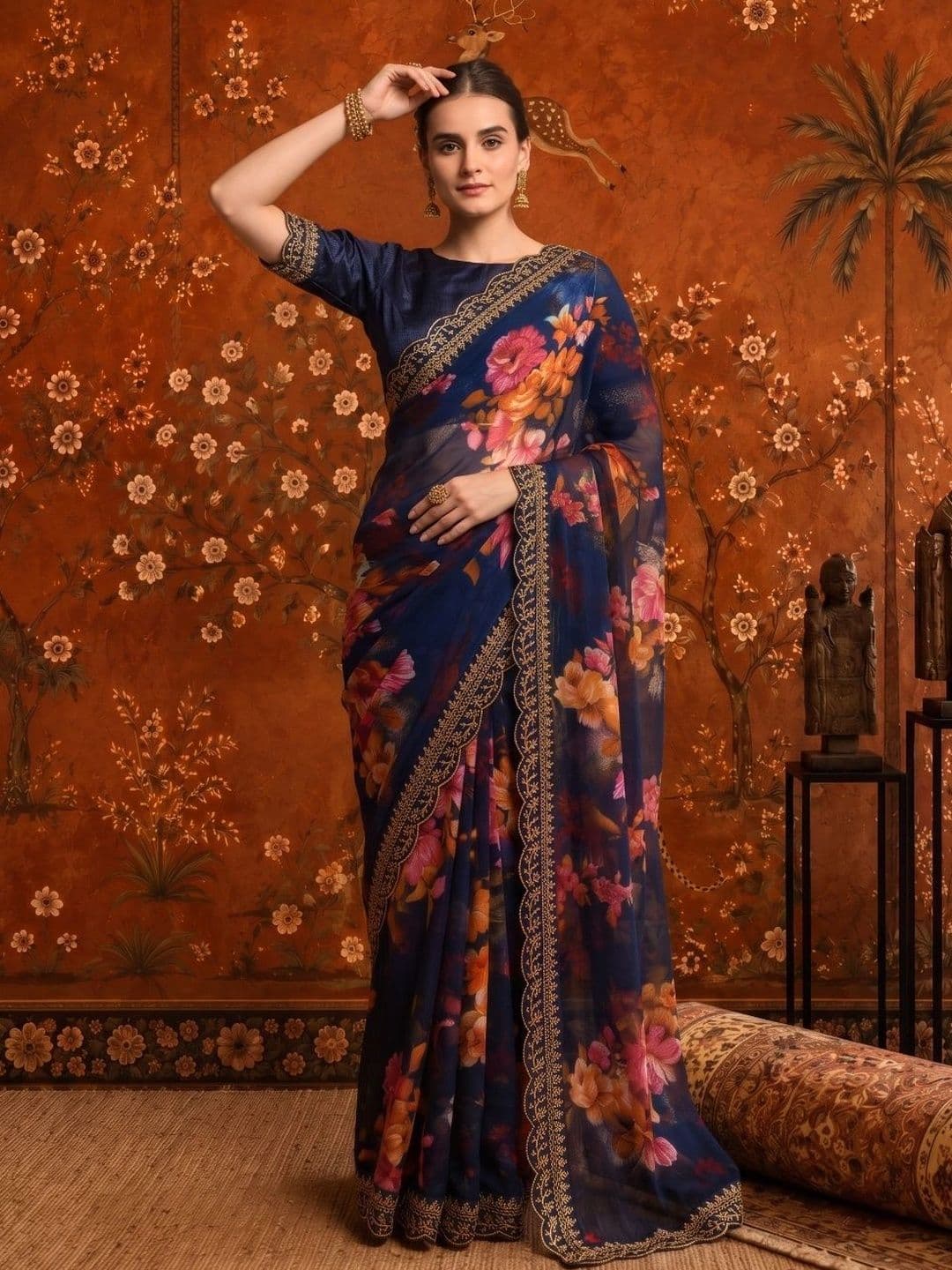 Sangria Floral Embroidered Poly Georgette Saree thumbnail 3