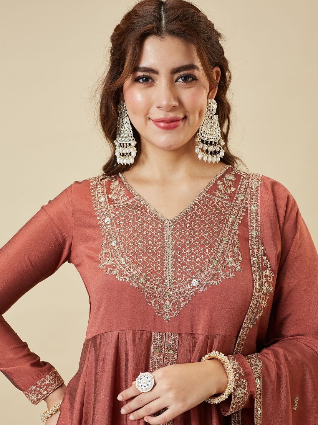 Colors  of Earth Colors of Earth Silk Embroidered Anarkali Kurta And Palazzo Set With Dupatta thumbnail 5