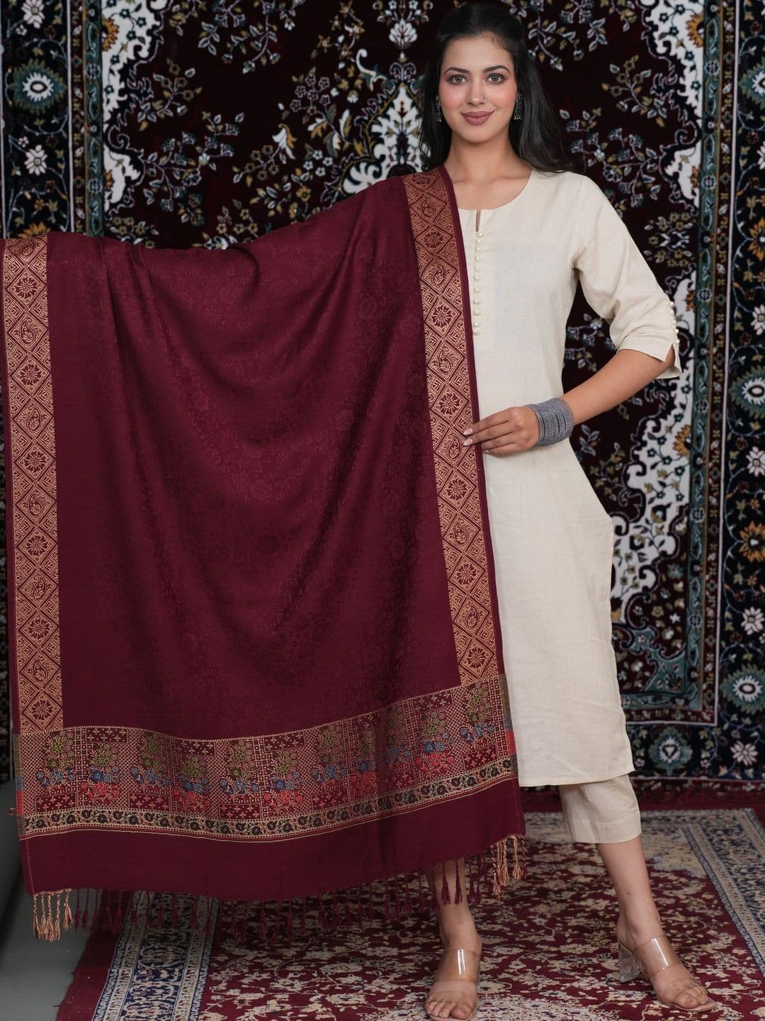 SHIFNEEN Women Ethnic Motifs Woven Design Acrylic Shawl thumbnail 4