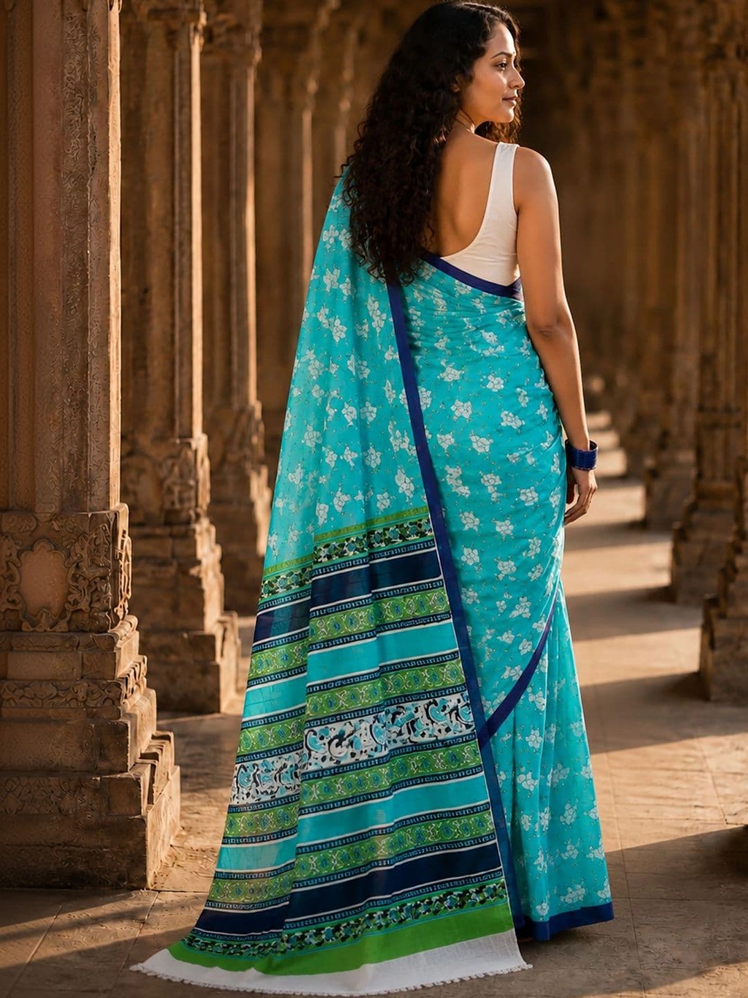 KALINI Floral Linen Blend Designer Block Print Saree thumbnail 6