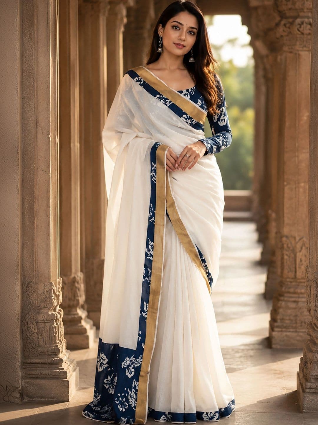 KALINI Floral Linen Blend Designer Block Print Saree - view 1