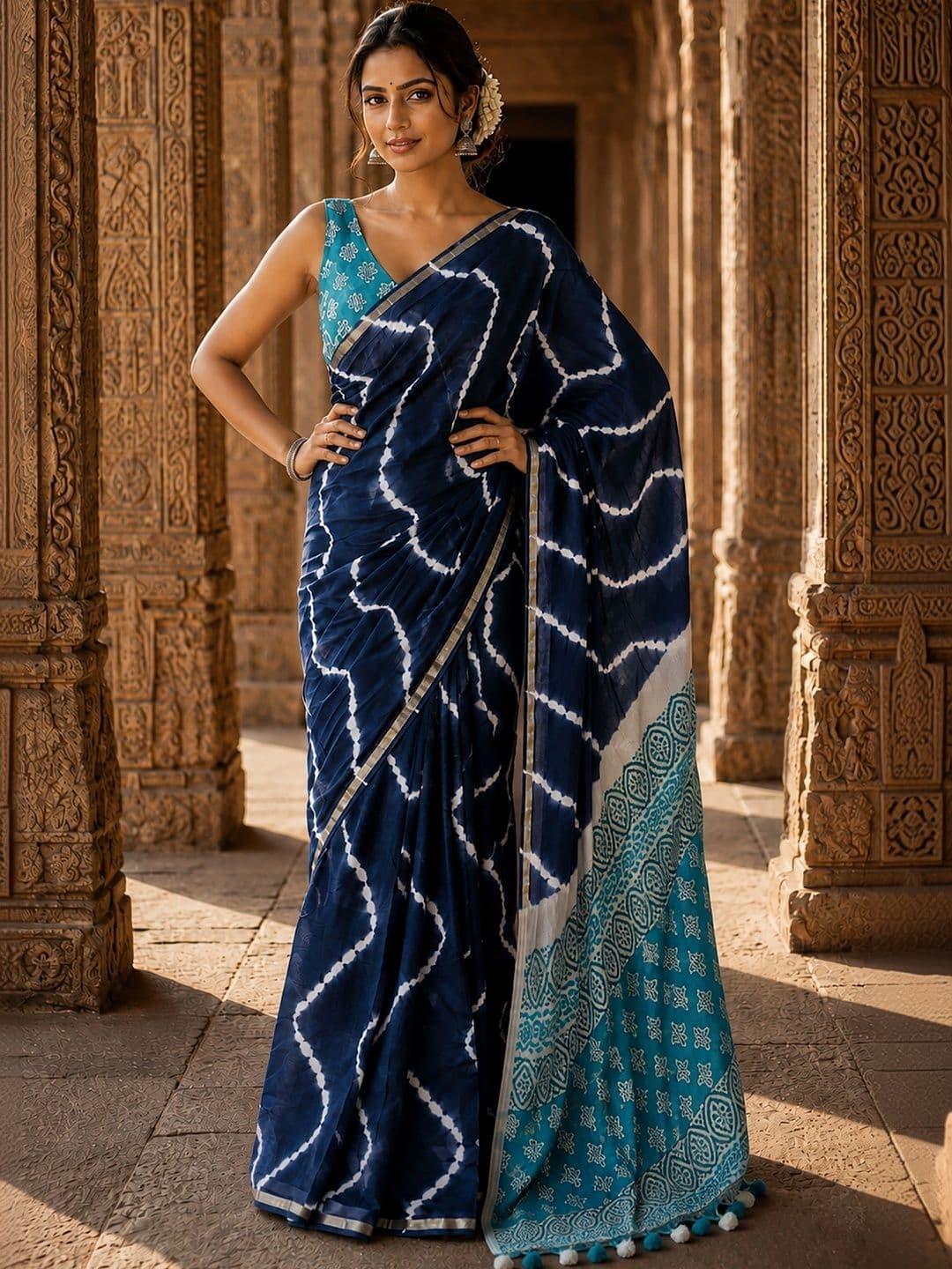 KALINI Tie and Dye Linen Blend Designer Block Print Saree thumbnail 4