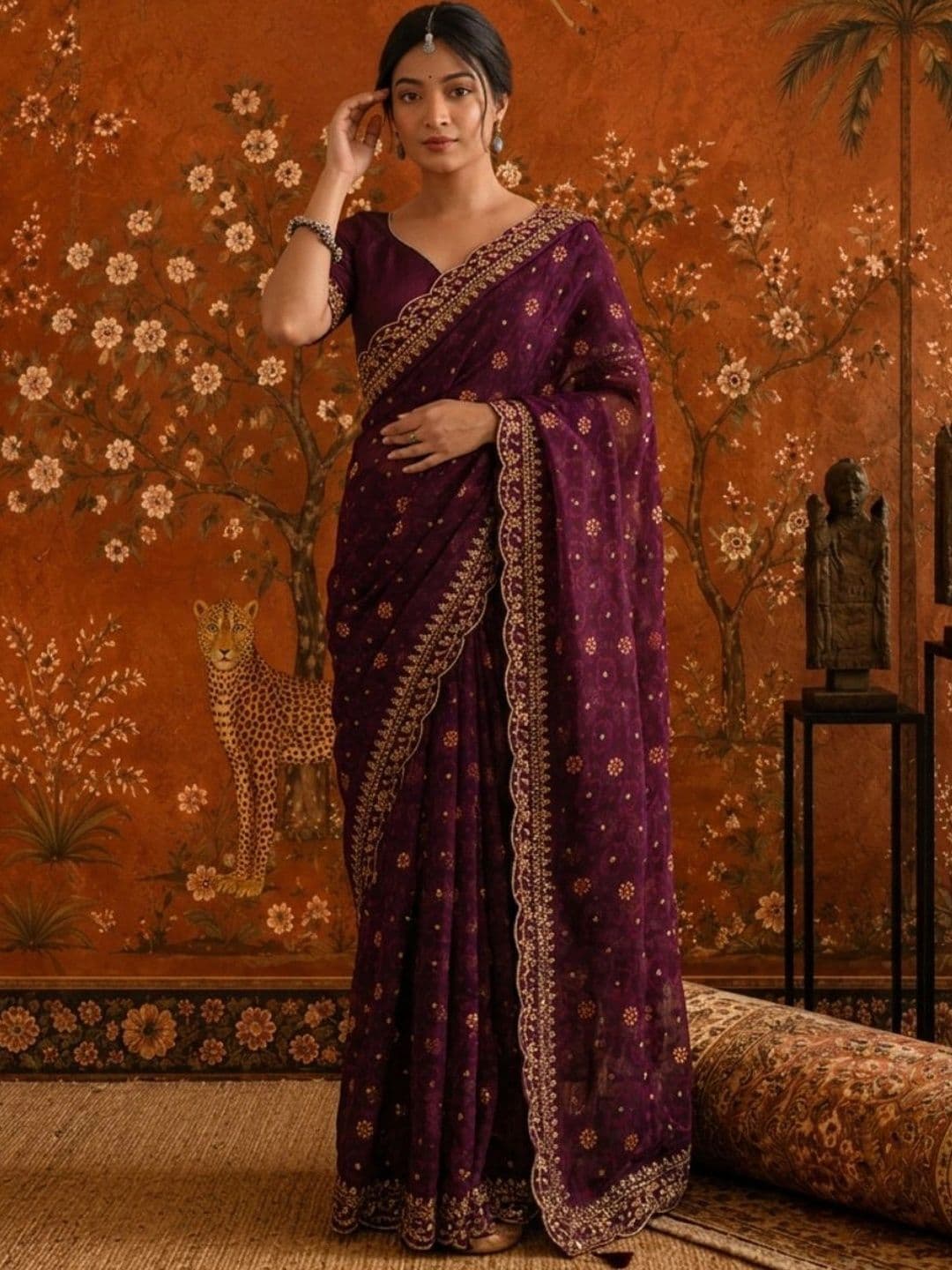 Sangria Floral Embroidered Poly Georgette Saree thumbnail 6
