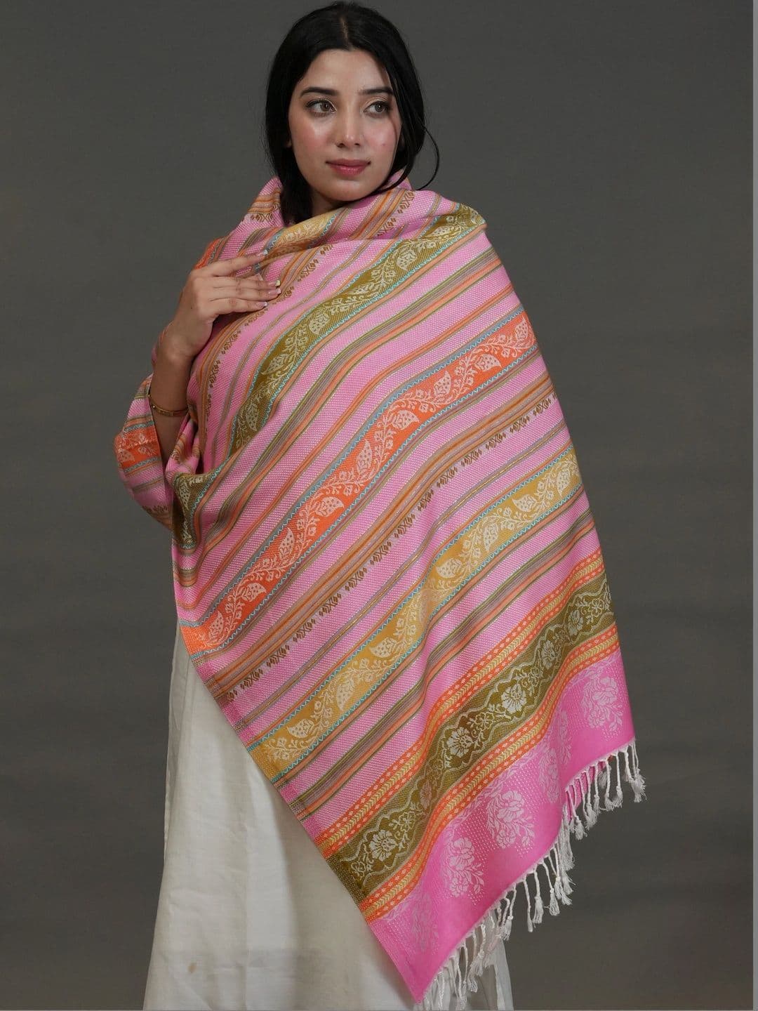 SHIFNEEN Women Striped Printed Acrylic Shawl thumbnail 4