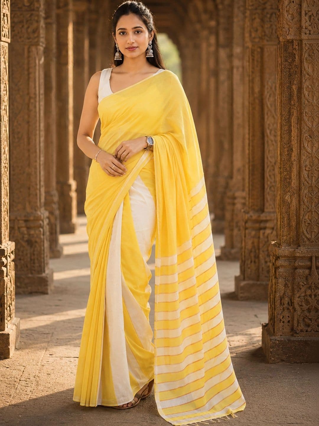 KALINI Striped Linen Blend Designer Block Print Saree - view 1