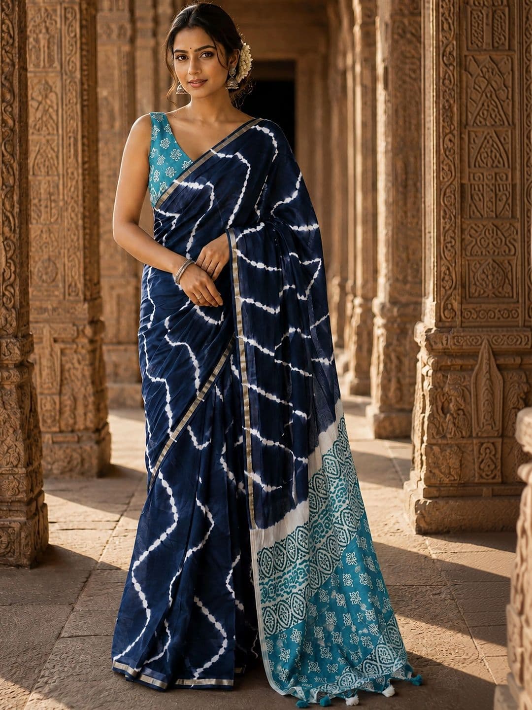 KALINI Tie and Dye Linen Blend Designer Block Print Saree - view 1