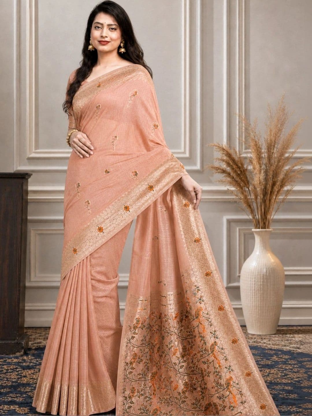 Anouk Floral Zari Pure Cotton Chanderi Saree thumbnail 5