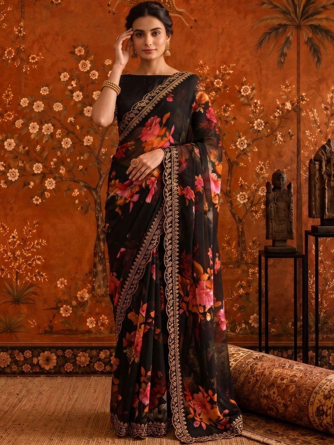 Sangria Floral Embroidered Poly Georgette Saree thumbnail 3