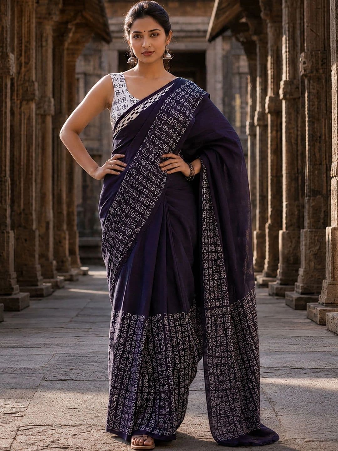 Aldwych Women Linen Blend Designer Block Print Saree thumbnail 2