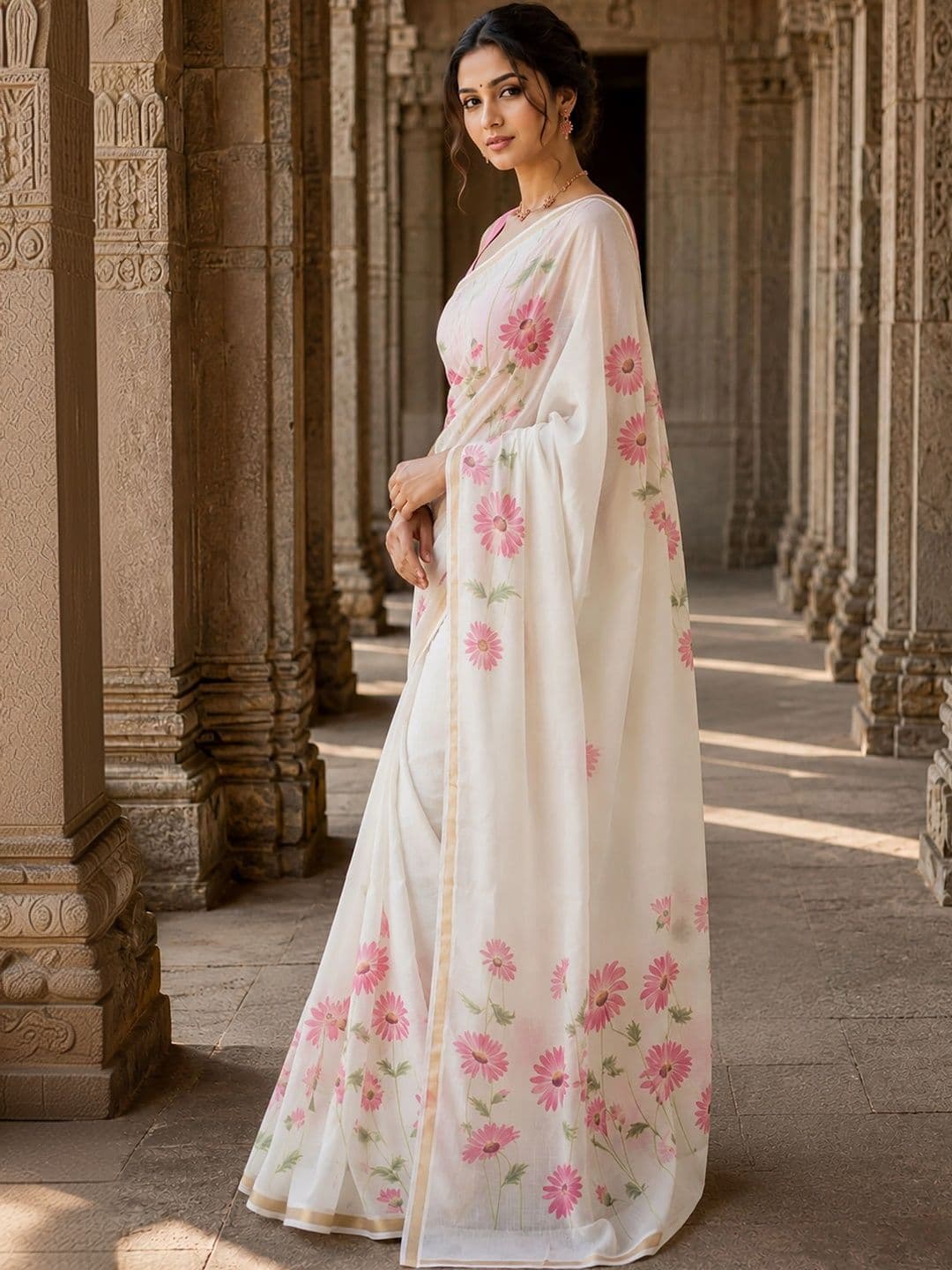 Mitera Floral Linen Blend Designer Block Print Saree thumbnail 4