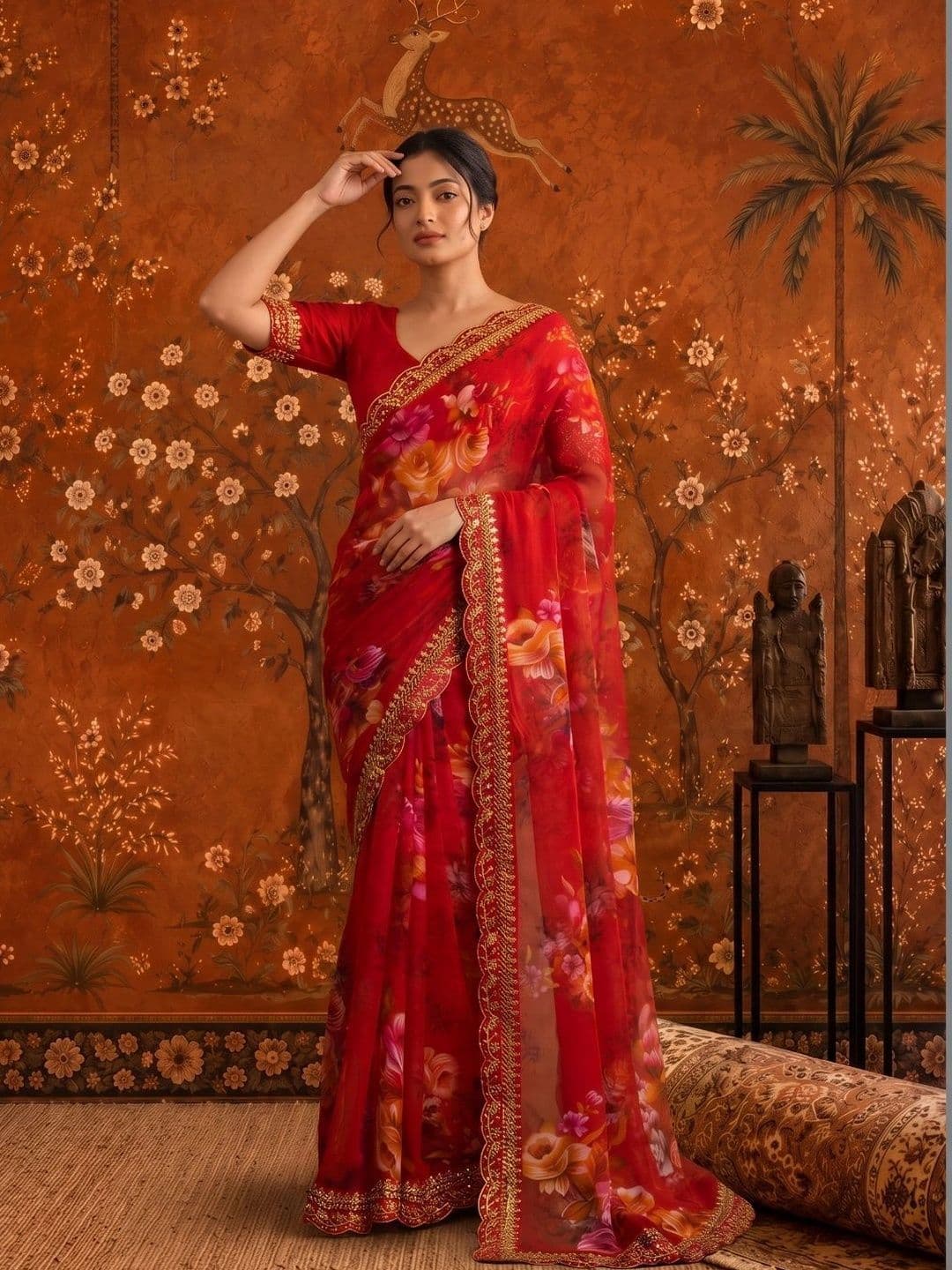 Sangria Floral Embroidered Poly Georgette Saree thumbnail 5